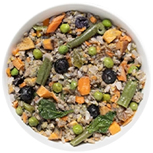 Top down picture of a bowl of Happy Howl all natural dog food