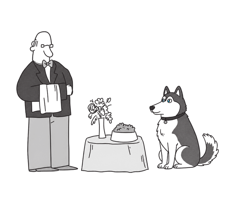 Illustration of a waiter taking a dogs order with a fancy table in between them