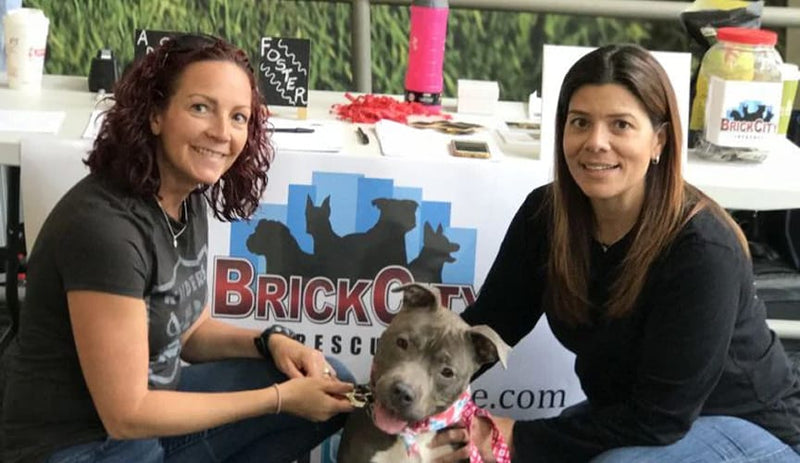Two women with a dog in front of a Brick City Rescue banner