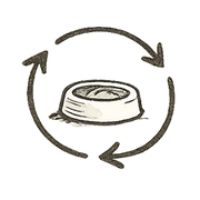 Illustration of a dog food bowl with three arrows making a circle around it